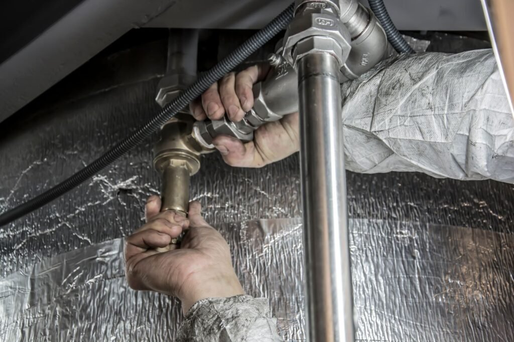 Plumber tightening brass pipe fittings by hand